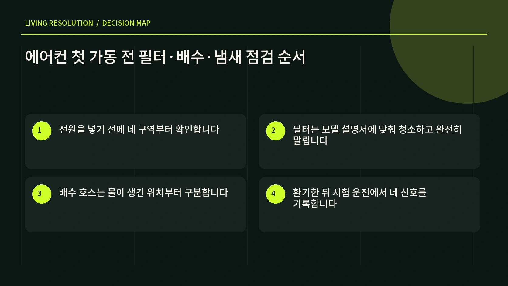에어컨 첫 가동 전 전원 실외기 필터 배수 점검 순서를 담은 한글 인포그래픽