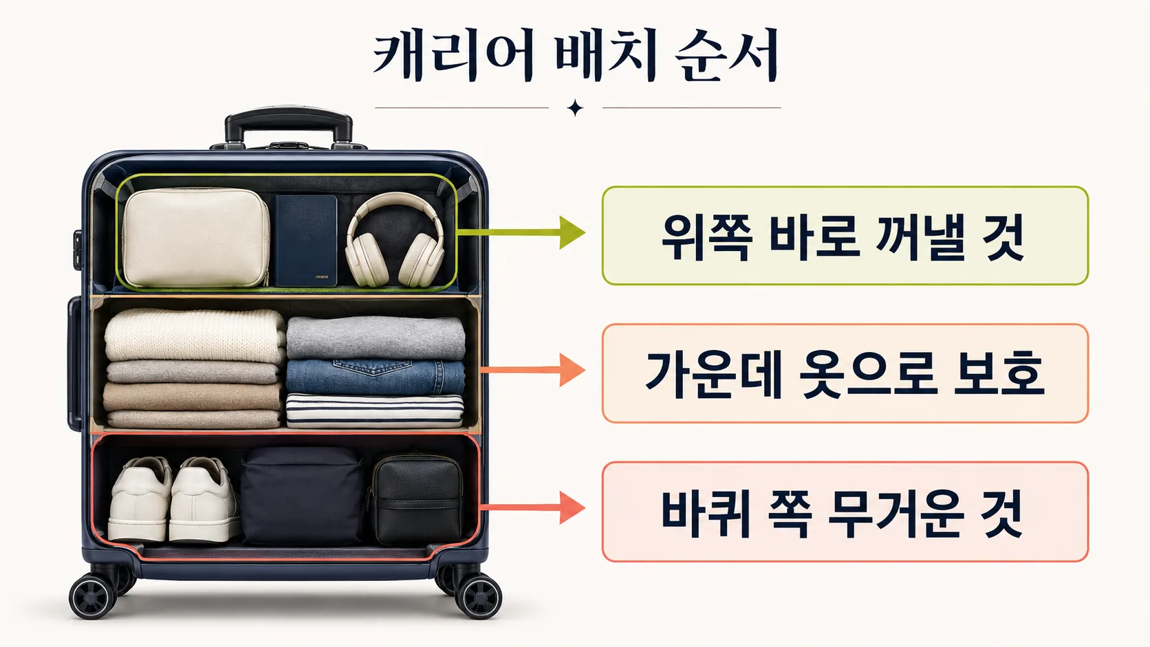 캐리어 안에서 무거운 물건과 자주 꺼낼 물건의 위치를 보여주는 배치 인포그래픽