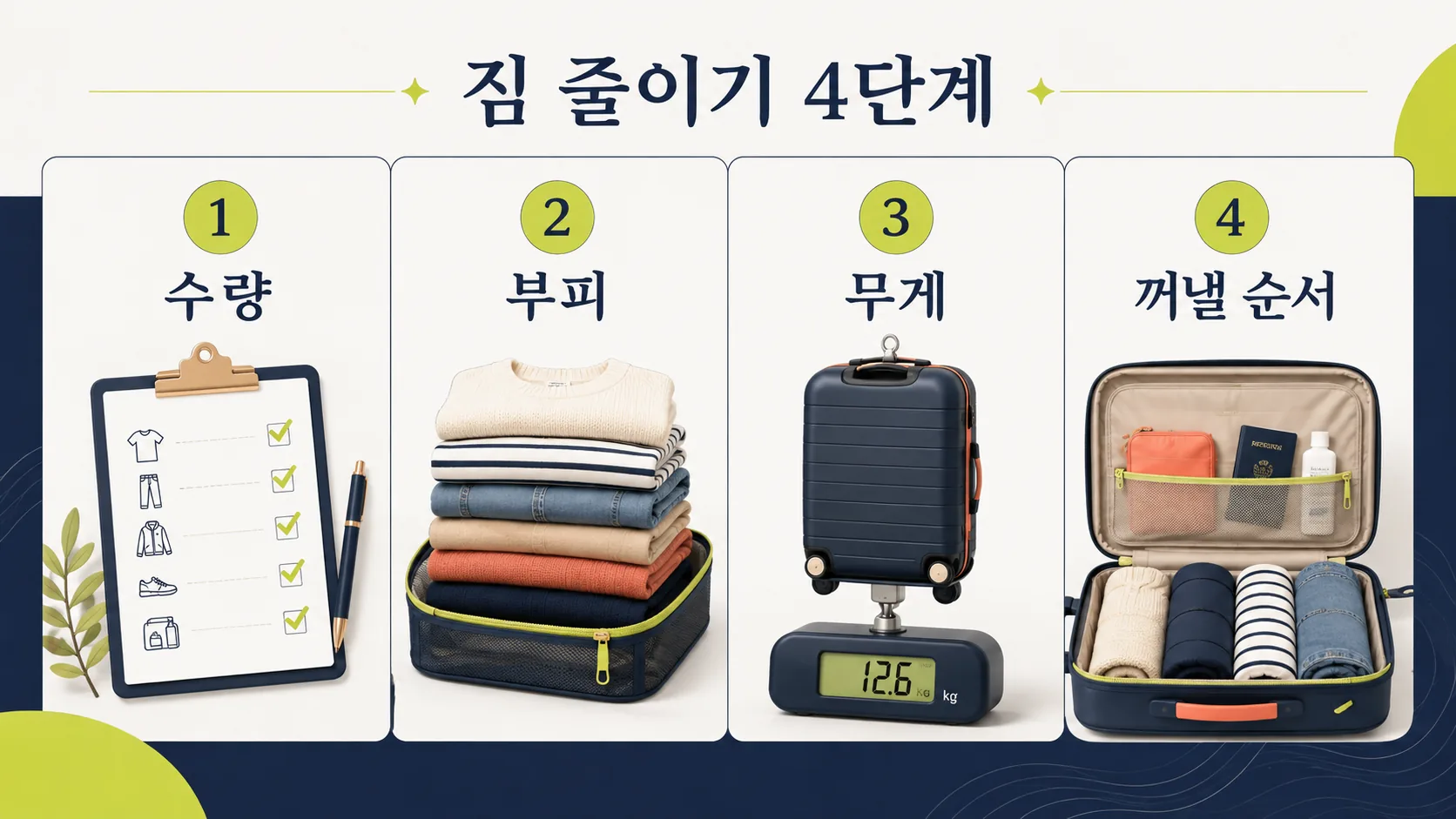 여행 짐을 수량, 부피, 무게, 접근 순서로 점검하는 네 단계 인포그래픽