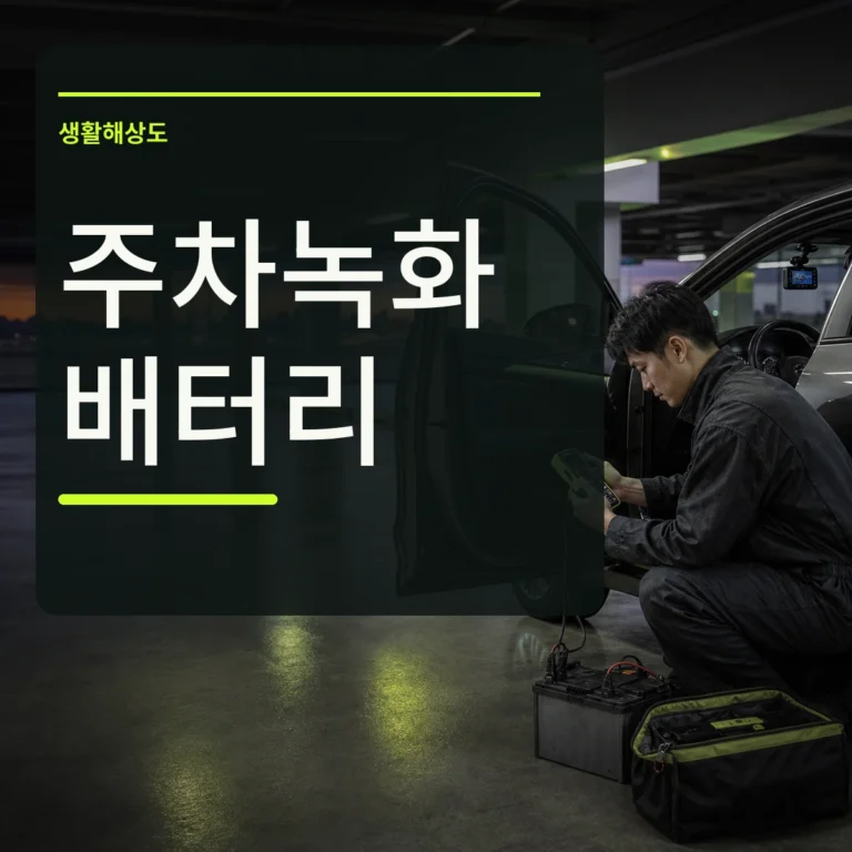 주차장에서 블랙박스와 차량 배터리 상태를 점검하는 장면 위에 주차녹화 배터리 문구를 넣은 대표 이미지