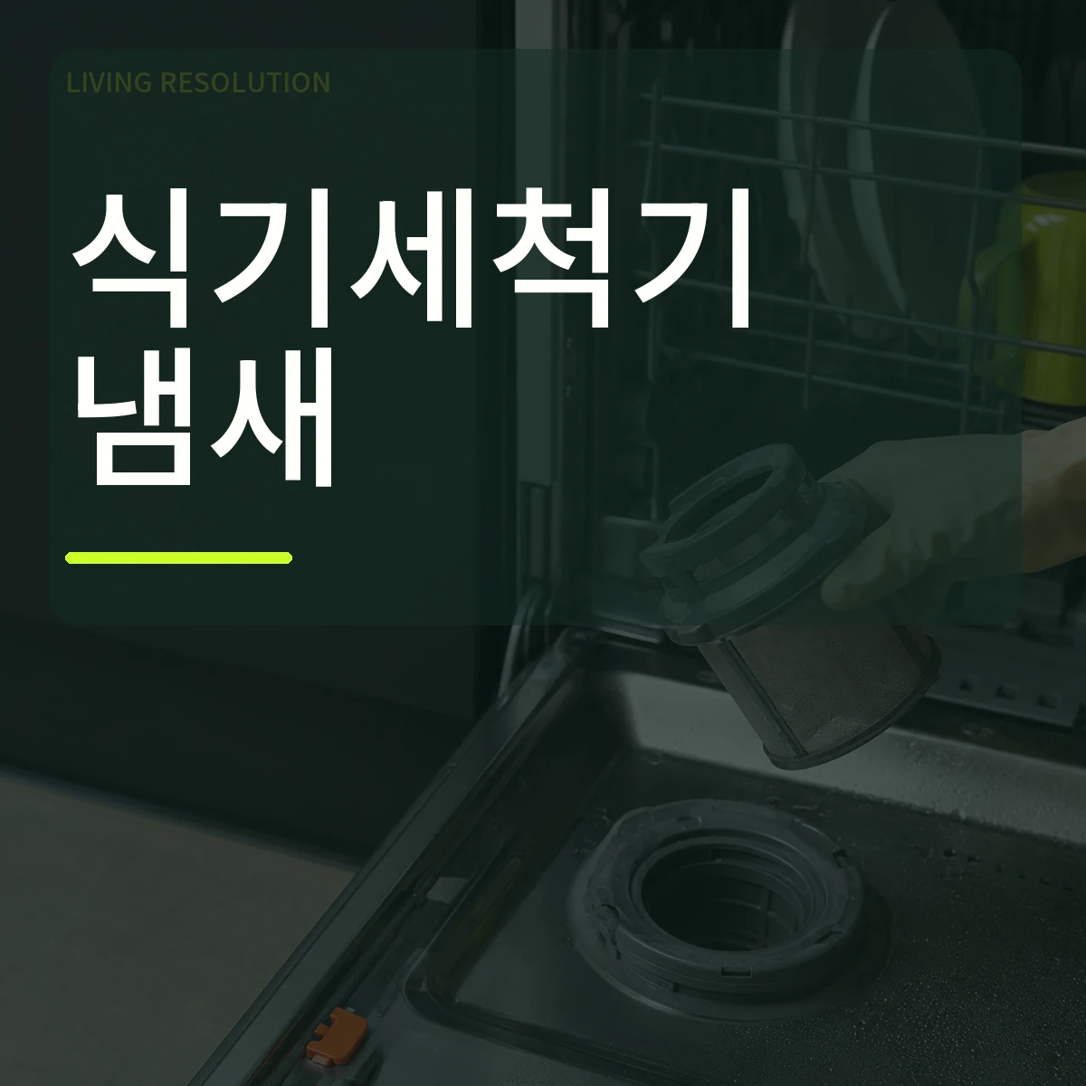 열린 식기세척기와 분리한 필터 옆에 식기세척기 냄새 문구가 크게 표시된 대표 이미지