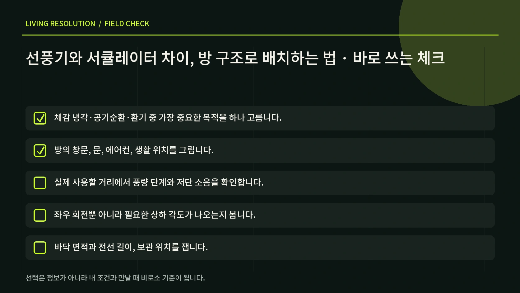 창문 문 에어컨 사람 위치 소음 전선 안전을 확인하는 한글 바람 동선 체크리스트