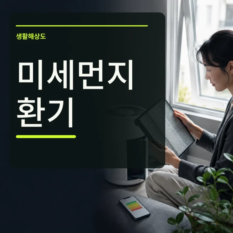 창가에서 공기청정기 필터와 휴대폰 대기질 정보를 확인하는 장면 위에 미세먼지 환기 문구를 넣은 대표 이미지