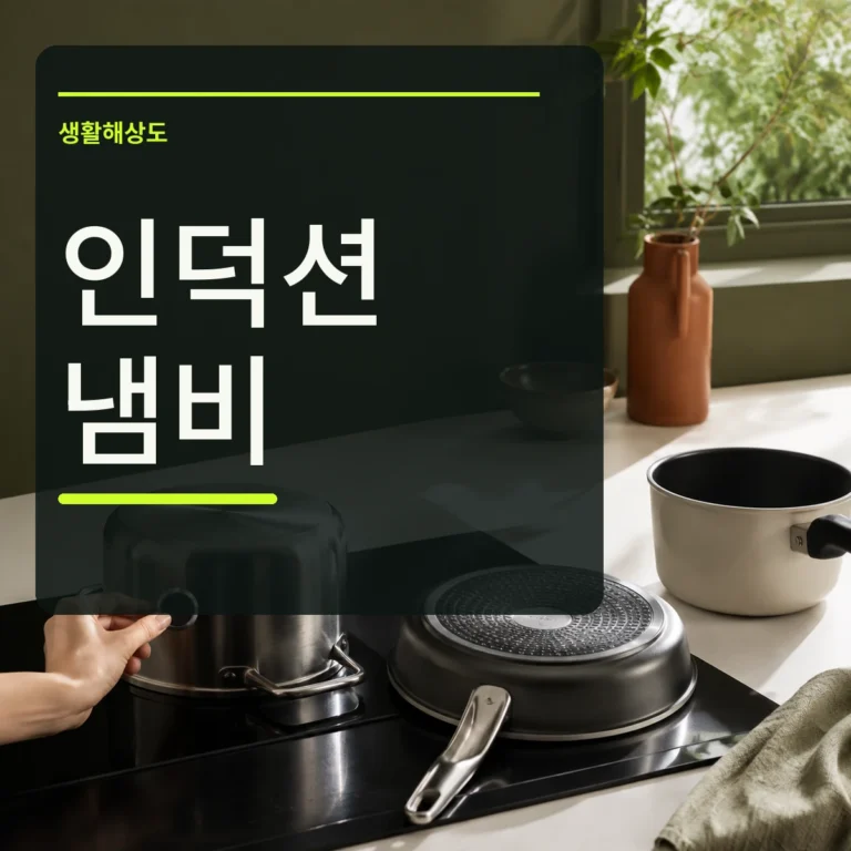 인덕션 위 냄비 바닥에 자석을 대는 장면과 인덕션 냄비 확인 문구가 있는 정사각형 대표 이미지