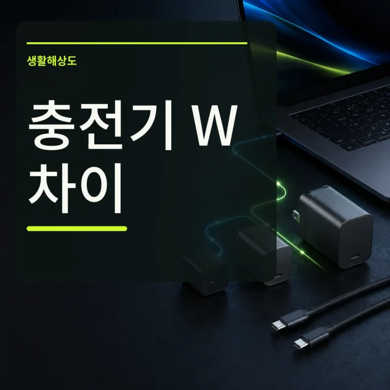 노트북 옆에 크기가 다른 USB-C 충전기와 케이블을 놓은 장면 위에 충전기 W 차이 문구를 넣은 대표 이미지