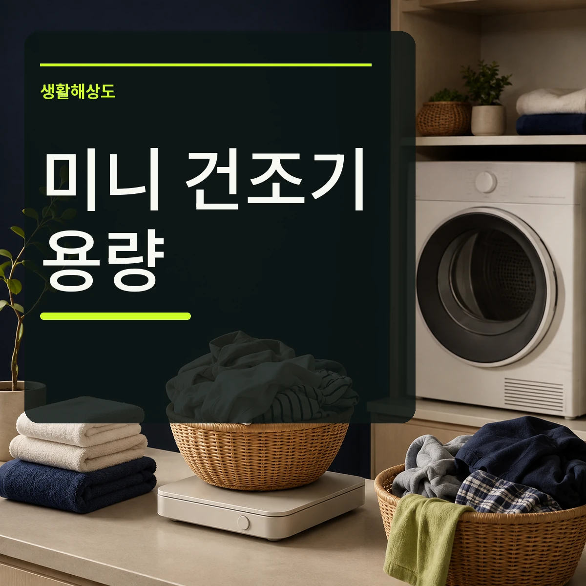 미니 건조기와 저울 위 빨랫감을 배치하고 미니 건조기 용량 문구를 넣은 대표 이미지