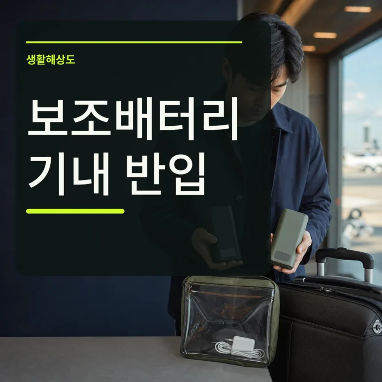 공항에서 보조배터리 라벨과 휴대 수하물을 확인하는 장면에 보조배터리 기내 반입 문구가 있는 정사각형 대표 이미지