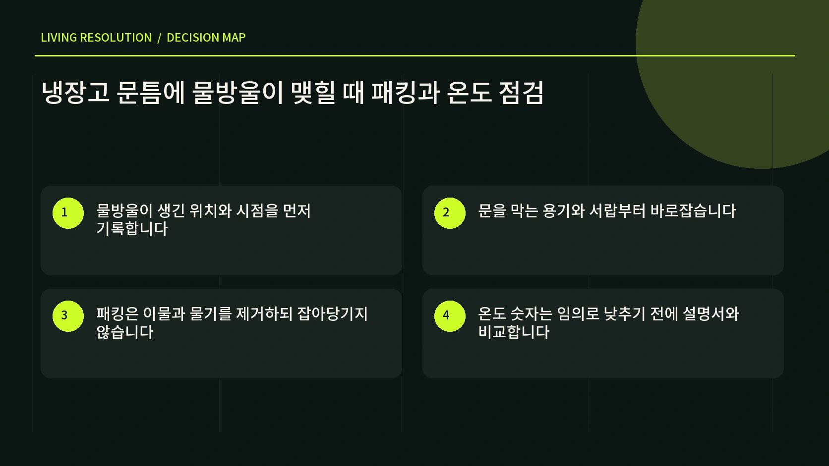 냉장고 외부 문틈 패킹 내부 바닥의 물방울 위치별 첫 점검을 정리한 한글 인포그래픽