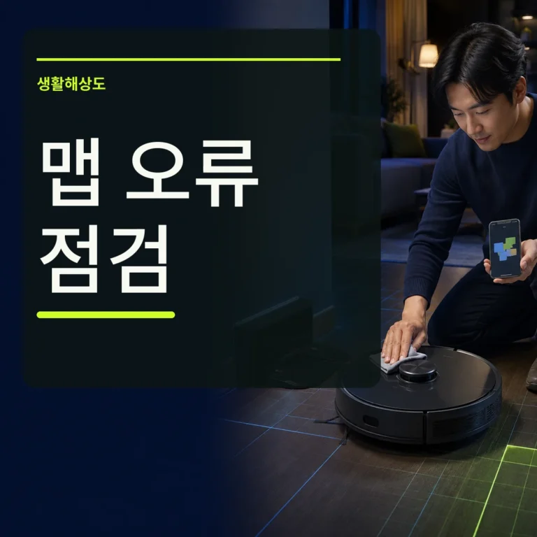 로봇청소기의 센서와 충전대 주변을 점검하는 사람 위에 맵 오류 점검 문구를 넣은 대표 이미지