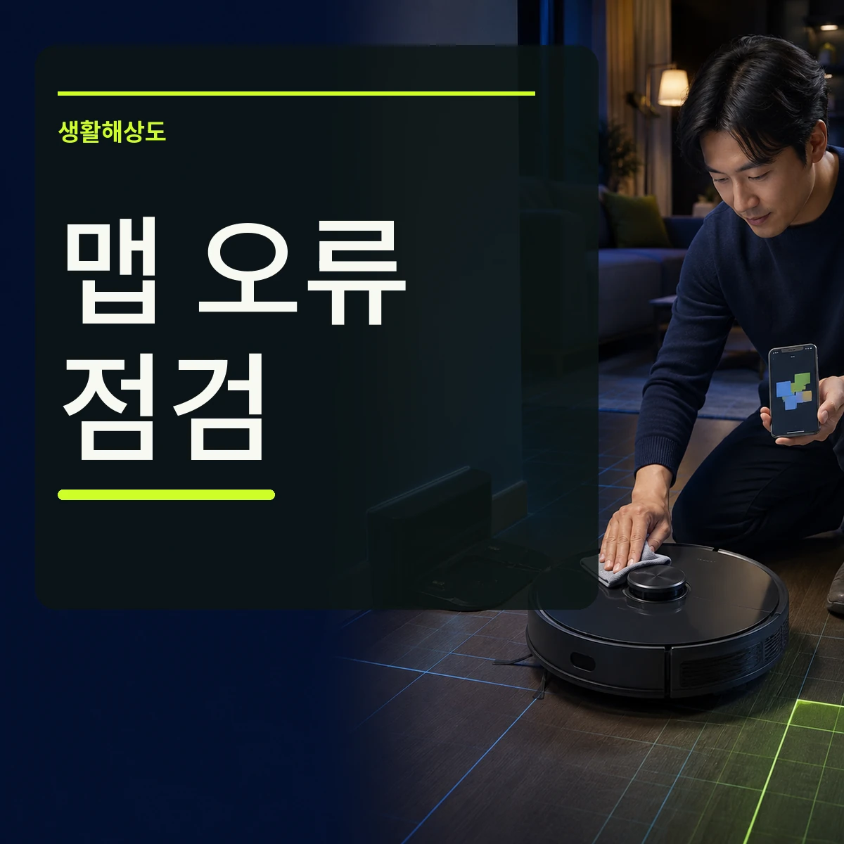 로봇청소기의 센서와 충전대 주변을 점검하는 사람 위에 맵 오류 점검 문구를 넣은 대표 이미지