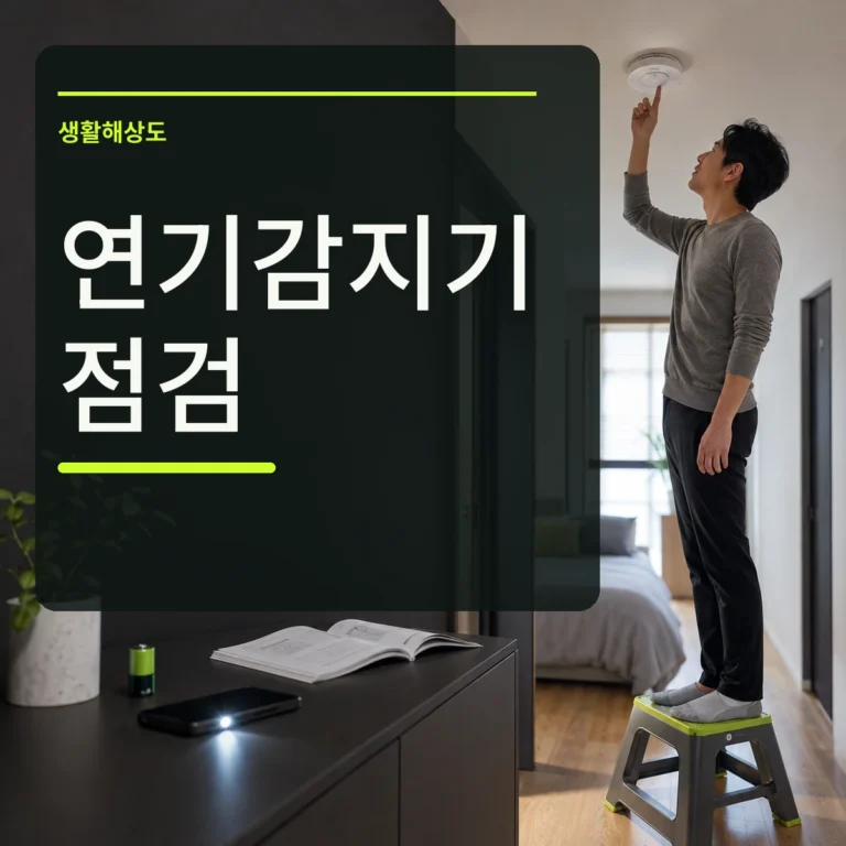 안전한 발판에서 천장 연기감지기의 테스트 버튼을 누르는 장면 위에 연기감지기 점검 문구를 넣은 대표 이미지