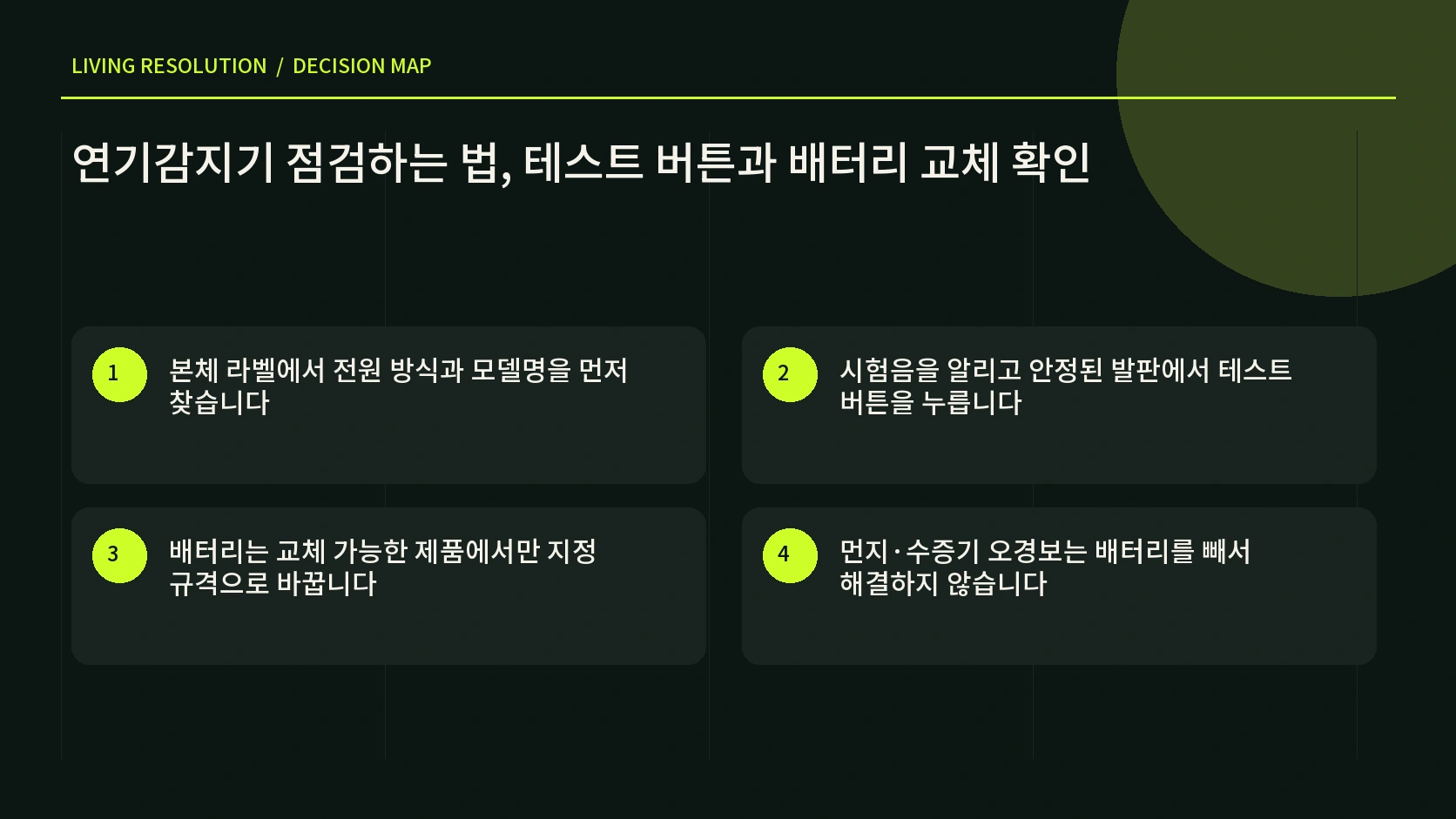 연기감지기 모델 전원 표시등 테스트 버튼 경보음 제조일을 확인하는 한글 인포그래픽
