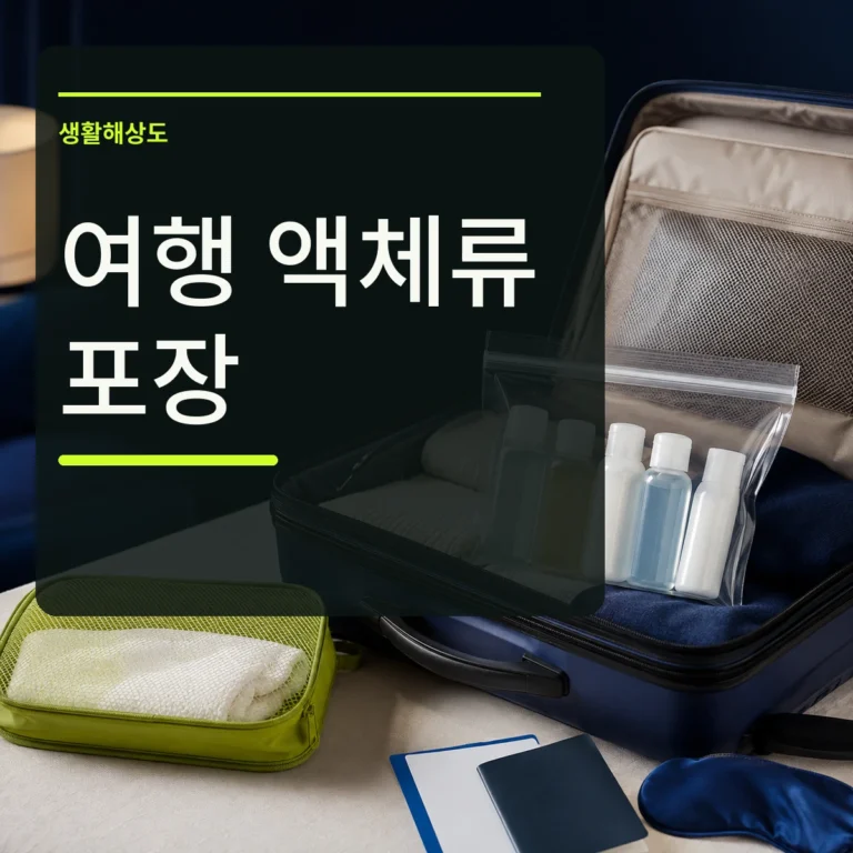 작은 액체류 용기를 투명 지퍼백과 캐리어에 나눠 담고 여행 액체류 포장 문구를 넣은 대표 이미지
