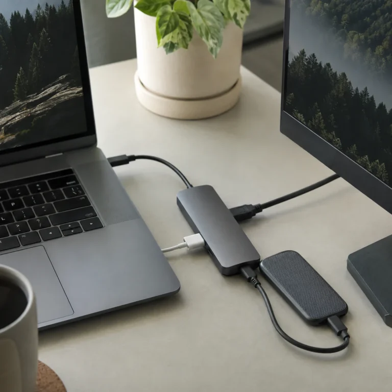 밝은 작업 책상에서 노트북과 USB-C 허브, 모니터를 연결한 실제 장면