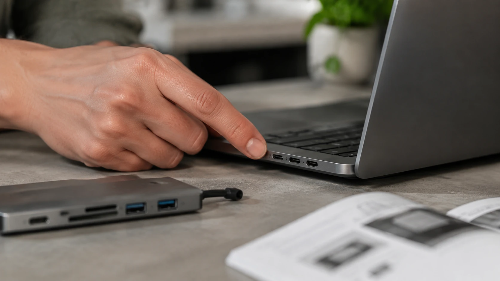 사용자가 노트북의 USB-C 포트 기호를 확인하는 실제 장면