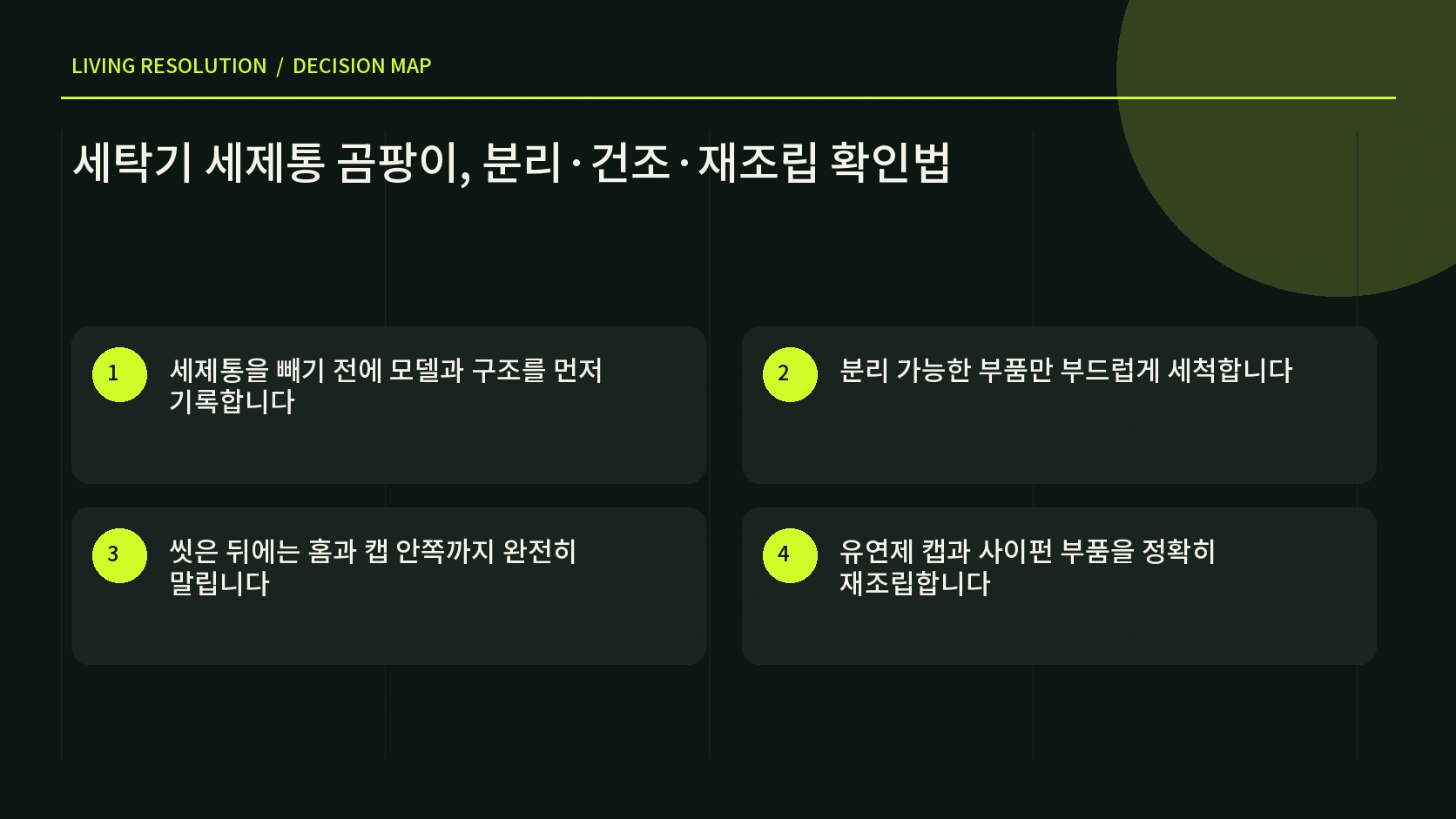 세탁기 세제통 분리 세척 건조 재조립 순서를 담은 한글 인포그래픽