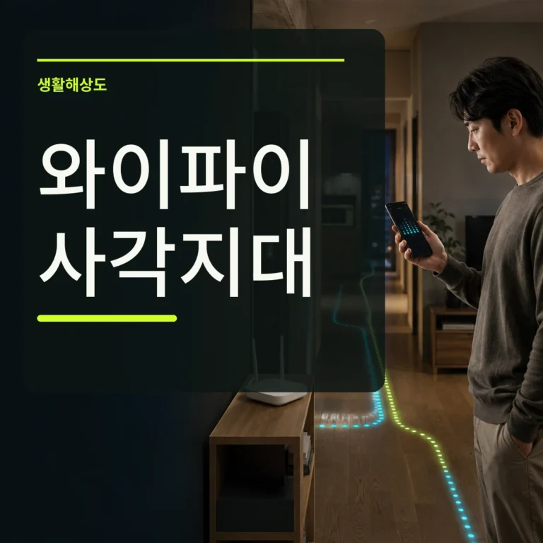 아파트 복도에서 휴대전화로 와이파이 신호 경로를 확인하는 장면 위에 와이파이 사각지대 문구를 넣은 대표 이미지